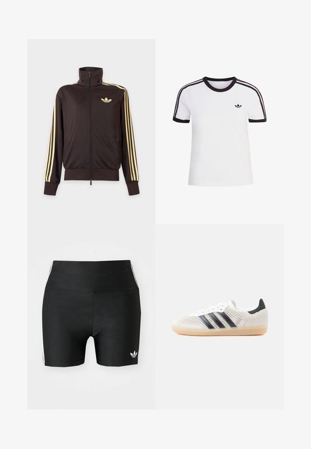Mustast lukuga spordijakk kõrge kraega, helekollaste triipudega varruka all ja Adidas trefoil logo vasakul rinnal.; Valge lühikeste varrukatega T-särk mustade detailidega, ümmarguse kaelusega ja kolme musta triibuga kummalgi õlal. Väike must logo rinnal.; Mustad mustad lühikesed püksid venivast kangast kõrge vöökoha ja valgete külje triipudega. Hemmiku ääres on väike valge logo.; Valged võrgust tossud mustade kolmerealiste triipudega, ümarate ninade ja kummist kummitaldadega. Omavad pehmet kandakaart ja nööbitavat sulgurit.