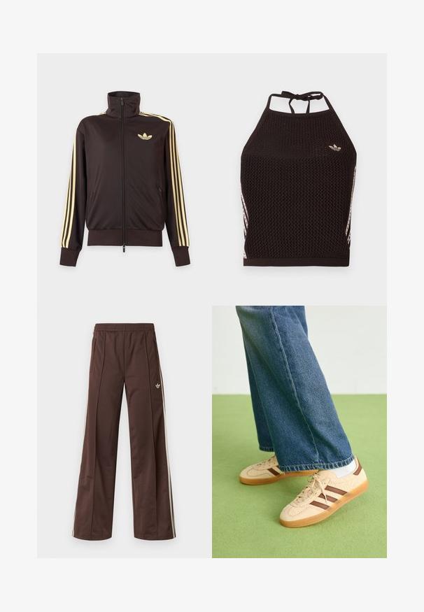 Zwarte joggingjas met rits en hoge kraag, lichtgele strepen op de mouwen en Adidas trefoil-logo op de linkerborst.; Zwarte mesh halter crop top met een textuurpatroon. Voorzien van roze accentstrepen en een klein logo aan de voorkant. Sluiting met strik aan de achterkant.; Bruine sportbroek met een wijd uitlopende pijp, witte zijstrepen, een elastische tailleband en twee zijzakken. Heeft een klein logo op het been.; Beige sneakers met gestructureerde crèmekleurige panelen en bruine strepen, gecombineerd met blauwe denim jeans. De jeans hebben een brede pijp en een rafelige zoom.