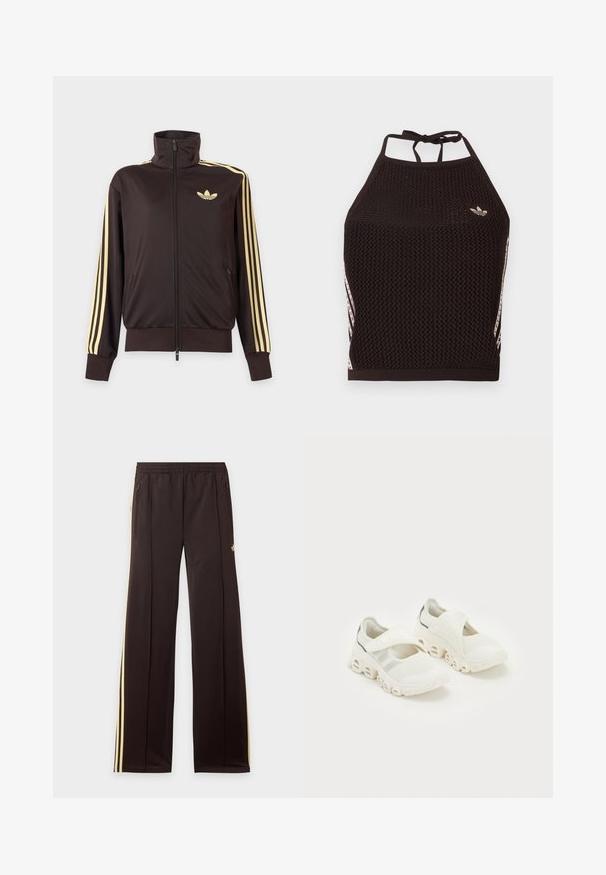 Čierna športová bunda na zips s vysokým golierom, svetložlté pruhy na rukávoch a logo Adidas trefoil na ľavej strane hrude.; Čierny sieťovaný crop top so štruktúrovaným dizajnom. Má ružové akcentové pruhy a malú logo na prednej strane. Zaviazanie na chrbte.; Čierne tepláky so žltými bočnými pruhmi, elastickým pásom, bočnými vreckami na zips a malým logom na hornej časti stehna.; Biele tréningové tenisky z priedušného materiálu so zapínaním na pásik, polstrovanou podporou člena a výrazným zakriveným dizajnom podrážky s vyhĺbenými časťami.