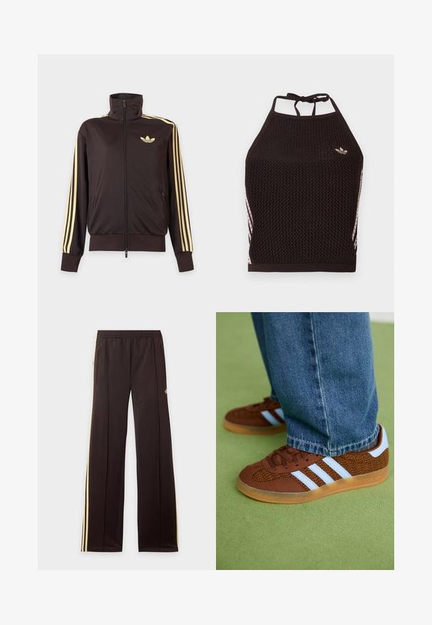 Sort lynlåstrøje med høj krave, lysegule striber ned ad ærmerne og Adidas trefoil-logo på venstre bryst.; Sort mesh halter crop top med tekstureret design. Har pink accentstriber og en lille logo foran. Lukning med bånd bagpå.; Sorte træningsbukser med gule sidelister, elastisk taljebånd, lynlåslommer i siderne og en lille logo på den øvre lår.; Brune Adidas sneakers med hvide striber og gummisåler, båret med blå jeans på grøn tæppe.