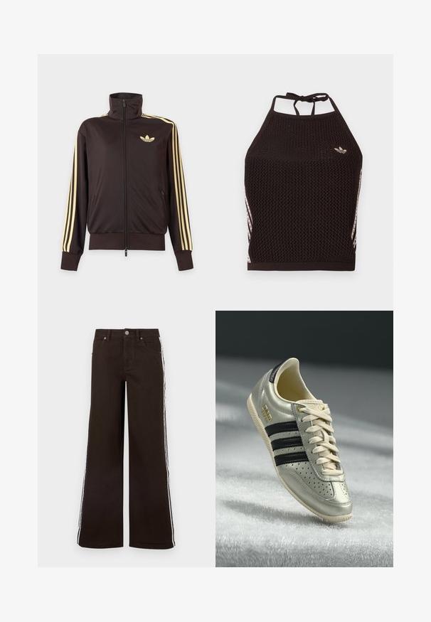 Mustast lukuga spordijakk kõrge kraega, helekollaste triipudega varruka all ja Adidas trefoil logo vasakul rinnal.; Mustast võrgust kaelusega top tekstuurse mustriga. Esiküljel on roosad aksendtriibud ja väike logo. Seljal lipsuga kinnis.; Pruunid laia säärega teksad denimist, millel on valged küljeribad, klassikaline viie taskuga disain ja metallist nööbi kinnis.; Helehallid nahast tossud mustade triipudega, perforatsioonide detailidega, beežide nööpidega ja kuldse logotäpiga. Tekstuuriga kummitald.