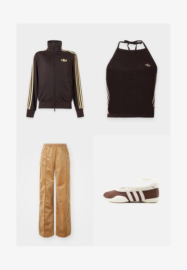 Chaqueta deportiva negra con cremallera y cuello alto, con rayas amarillas claras en las mangas y logo de Adidas trefoil en el pecho izquierdo.; Top corto de malla negra tipo halter con un diseño texturizado. Cuenta con franjas de acento rosa y un pequeño logotipo en el frente. Cierre con lazada en la espalda.; Pantalones de pierna ancha en tono beige, fabricados con un material suave y aterciopelado. Cuentan con una cinturilla elástica y costuras verticales en la parte delantera para un detalle adicional.; Zapato plano de ballet marrón y blanco con tres franjas blancas y lazo para atar en el tobillo sobre un fondo claro y sencillo.