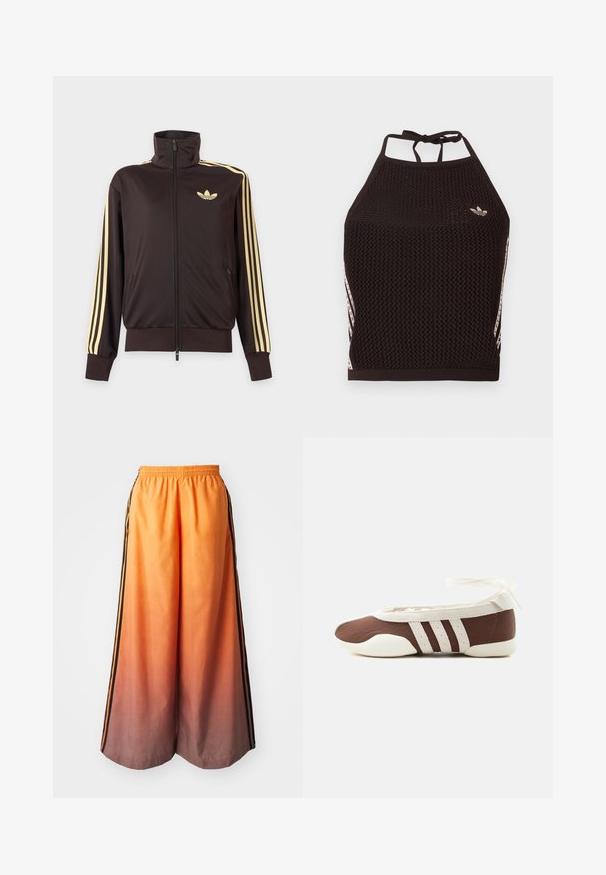 Mustast lukuga spordijakk kõrge kraega, helekollaste triipudega varruka all ja Adidas trefoil logo vasakul rinnal.; Mustast võrgust kaelusega top tekstuurse mustriga. Esiküljel on roosad aksendtriibud ja väike logo. Seljal lipsuga kinnis.; Oranžidetailidega laiad püksid musta küljeribaga, millel on elastne vöökoht ja kerge materjal.; Pruun ja valge baleriinjalanõu, millel on kolm valget triipu ja pahkluu paelaga lips, helel taustal.