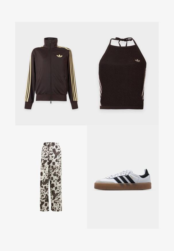 Sort lynlåstrøje med høj krave, lysegule striber ned ad ærmerne og Adidas trefoil-logo på venstre bryst.; Sort mesh halter crop top med tekstureret design. Har pink accentstriber og en lille logo foran. Lukning med bånd bagpå.; adidas Originals COW PRINT SATIN WIDE LEG - Træningsbukser - multicolor off white; Hvide lædersneakers med sorte striber, gummirubber sål, rund tå, snørelukning og blød grå ruskinds tåhætte.