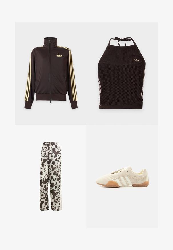 Sort lynlåstrøje med høj krave, lysegule striber ned ad ærmerne og Adidas trefoil-logo på venstre bryst.; Sort mesh halter crop top med tekstureret design. Har pink accentstriber og en lille logo foran. Lukning med bånd bagpå.; adidas Originals COW PRINT SATIN WIDE LEG - Træningsbukser - multicolor off white; Lavprofileret beige sneaker med tre hvide striber, teksturerede ruskindssidepaneler, gummisål og snørelukning på ensfarvet baggrund.