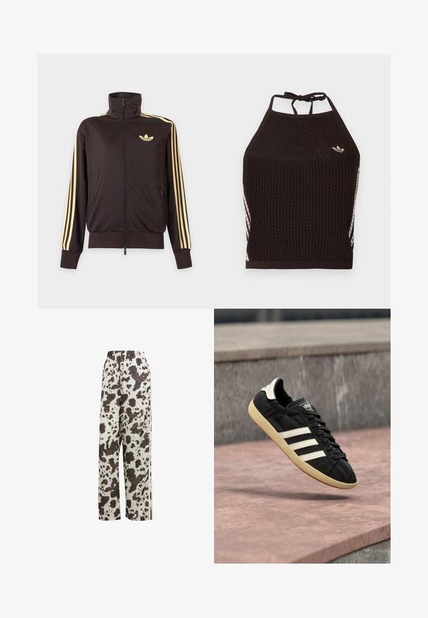 Chaqueta deportiva negra con cremallera y cuello alto, con rayas amarillas claras en las mangas y logo de Adidas trefoil en el pecho izquierdo.; Top corto de malla negra tipo halter con un diseño texturizado. Cuenta con franjas de acento rosa y un pequeño logotipo en el frente. Cierre con lazada en la espalda.; adidas Originals COW PRINT SATIN WIDE LEG - Pantalones deportivos - multicolor off white; Zapatilla negra Adidas con rayas blancas y suela beige, capturada en el aire sobre una superficie de piedra y con fondo de muro de piedra.