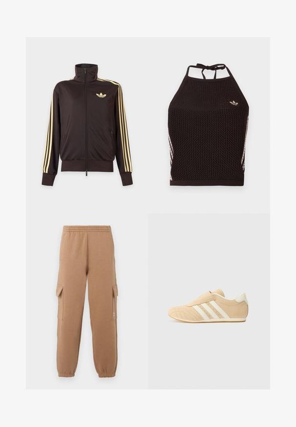 Schwarze Trainingsjacke mit Reißverschluss und hohem Kragen, hellgelben Streifen an den Ärmeln und Adidas Trefoil Logo auf der linken Brust.; Schwarzes Netz-Halfter-Cropped-Top mit strukturiertem Design. Mit pinkfarbenen Akzentstreifen und kleinem Logo vorne. Mit Rückenknotenverschluss.; Beige Cargo-Hosen aus weichem Stoff mit einem elastischen Bund, angeschnittenen Knöcheln und seitlichen Taschen, die ein kleines Logodetail aufweisen.; Tan- und cremefarbene Sportschuhe mit einem glatten Lederoberteil, drei weißen Streifen an der Seite und einer abgerundeten Zehenpartie. Strukturiertes Obermaterial mit Perforationen.