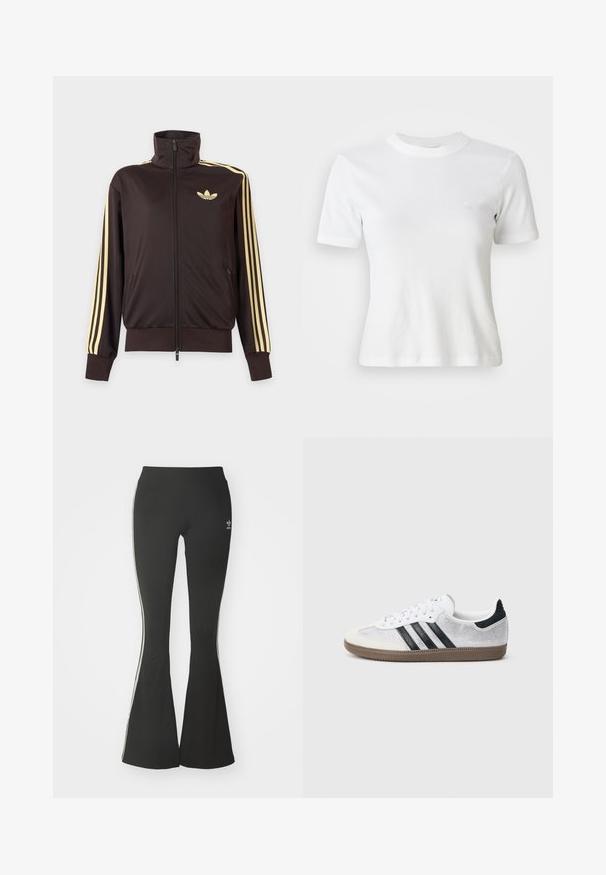 Čierna športová bunda na zips s vysokým golierom, svetložlté pruhy na rukávoch a logo Adidas trefoil na ľavej strane hrude.; Biely rebrovaný tričko s krátkymi rukávmi a okrúhlym výstrihom, s malým logom na hrudi. Vyrobené z mäkkej tkaniny s priliehavým strihom.; Čierne rozšírené legíny z elastickej tkaniny, s vysokým pásom a bielymi bočnými pruhmi. Obsahujú malé logo na páse.; Biele sieťované tenisky s čiernymi pruhmi, béžovým semišovým špičkovým a pätovým detailom, textúrovanou gumovou podrážkou a bielymi šnúrkami. Klasický nízky strih.