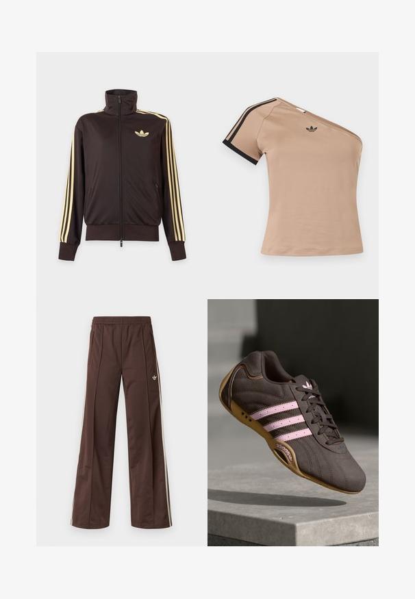 Čierna športová bunda na zips s vysokým golierom, svetložlté pruhy na rukávoch a logo Adidas trefoil na ľavej strane hrude.; Béžový športový top s jedným ramenom, čiernymi pruhmi na krátkom rukáve a malým čiernym logom Adidas na hrudi.; Hnedé športové nohavice so širokým strihom nohavíc, bielymi bočnými pásmi, elastickým pásom a dvoma bočnými vreckami. Na nohavici je malá značka.; Hnedé semišové športové topánky s ružovými pruhmi a logom, s textúrovaným vrchom, šnurovaním a gumovou podrážkou.