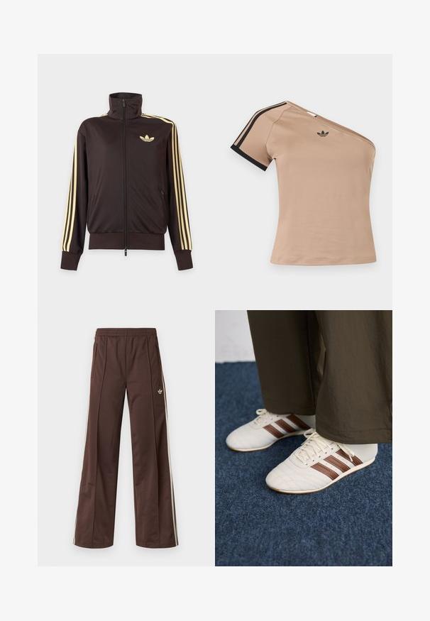 Čierna športová bunda na zips s vysokým golierom, svetložlté pruhy na rukávoch a logo Adidas trefoil na ľavej strane hrude.; Béžový športový top s jedným ramenom, čiernymi pruhmi na krátkom rukáve a malým čiernym logom Adidas na hrudi.; Hnedé športové nohavice so širokým strihom nohavíc, bielymi bočnými pásmi, elastickým pásom a dvoma bočnými vreckami. Na nohavici je malá značka.; Biele tenisky s hnedými pruhmi nosené s hnedými nohavicami na modrom kobercovom podlahe.