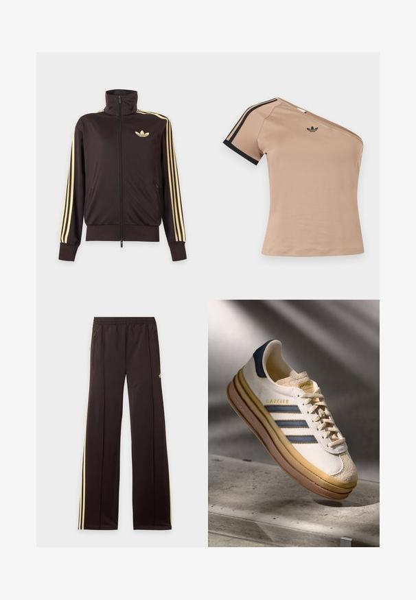 Čierna športová bunda na zips s vysokým golierom, svetložlté pruhy na rukávoch a logo Adidas trefoil na ľavej strane hrude.; Béžový športový top s jedným ramenom, čiernymi pruhmi na krátkom rukáve a malým čiernym logom Adidas na hrudi.; Čierne tepláky so žltými bočnými pruhmi, elastickým pásom, bočnými vreckami na zips a malým logom na hornej časti stehna.; Tenisky Adidas Gazelle so smotanovým semišovým horným dielom, modrými koženými akcentmi, tromi modrými pruhmi, béžovou medzipodrážkou a hnedou gumovou podrážkou.