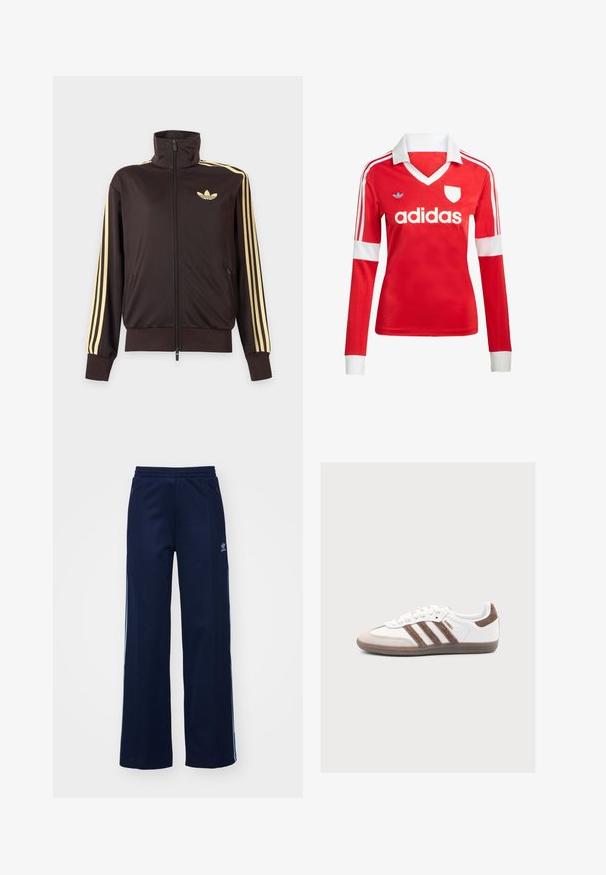 Zwarte joggingjas met rits en hoge kraag, lichtgele strepen op de mouwen en Adidas trefoil-logo op de linkerborst.; Rode lange mouwen voetbalshirt met een witte kraag en manchetten. Heeft drie witte strepen op de schouders en het "adidas" logo prominent weergegeven.; Marineblauwe katoenen joggingsbroek met een brede pijpdesign, elastische tailleband en ritszakken, voorzien van witte zijstrepen en logo-detail.; Witte Adidas Samba sneaker met bruine suède strepen, bruine suède neus en gumzool op een lichtgrijze achtergrond.
