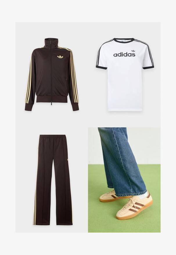 Mustast lukuga spordijakk kõrge kraega, helekollaste triipudega varruka all ja Adidas trefoil logo vasakul rinnal.; Valge puuvillane T-särk mustade detailidega, millel on ümara kaelusega, lühikesed varrukad, kolm musta triipu õlgadel ja must "adidas" logo.; Mustad dressipüksid kollaste küljeribadega, elastse vöökohaga, küljetaskud lukuga ja väike logo reie ülaosas.; Beežid spordijalatsid tekstuursete kreemjatest paneelidest ja pruunidest triipudest, koos siniste denim pükstega. Püksid on avara säärega ja narmendava äärega.