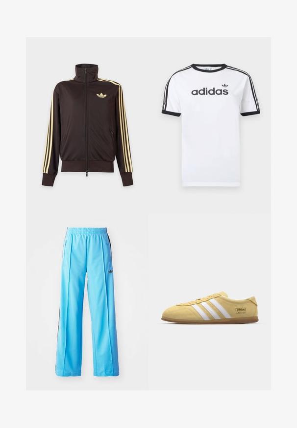 Veste de survêtement noire zippée avec col haut, bandes jaune clair le long des manches et logo adidas trefoil sur la poitrine gauche.; T-shirt en coton blanc avec accents noirs, doté d'un col rond, de manches courtes, de trois bandes noires sur les épaules et du logo "adidas" en noir.; Pantalons de sport bleu clair avec une taille élastique, des zips latéraux et des accents noirs sur les côtés. Tissu doux avec un design ample et large.; adidas Originals GAZELLE LO PRO W - Baskets basses - almost yellow/footwear white