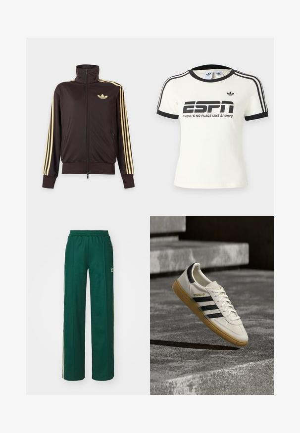 Čierna športová bunda na zips s vysokým golierom, svetložlté pruhy na rukávoch a logo Adidas trefoil na ľavej strane hrude.; Biele tričko s krátkym rukávom s čiernymi prvkami, s nápisom "ESPN" a sloganom "THERE'S NO PLACE LIKE SPORTS", a tromi čiernymi pruhmi na ramenách.; Tmavohnedé športové nohavice s voľným strihom, s nastaviteľným pásom na šnúrku, postrannými vreckami a smotanovými pruhmi po stranách.; Biela teniska Adidas Spezial s čiernymi pásikmi a gumovou podrážkou vznášajúca sa nad sivými kamennými schodmi vonku.