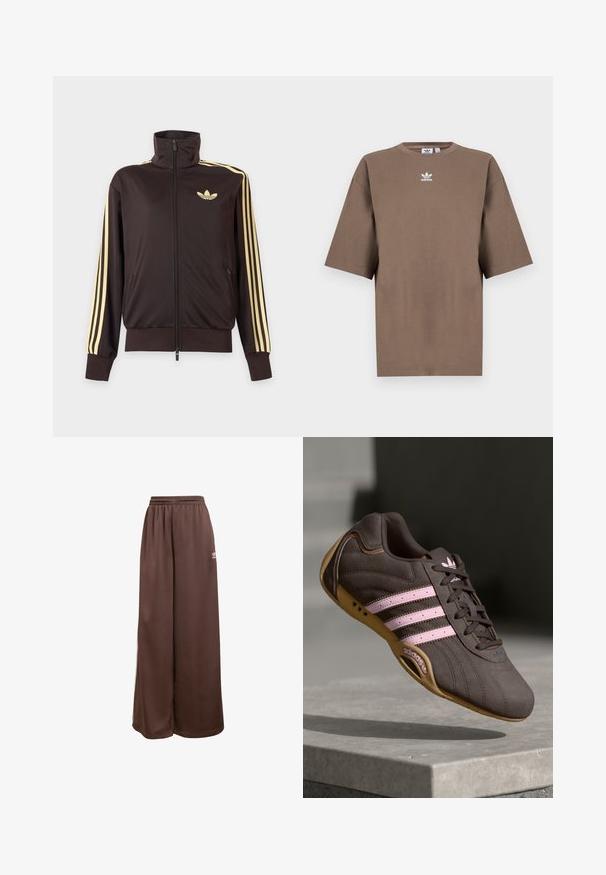 Čierna športová bunda na zips s vysokým golierom, svetložlté pruhy na rukávoch a logo Adidas trefoil na ľavej strane hrude.; Hnedé bavlnené tričko s krátkymi rukávmi, okrúhlym výstrihom a bielym logom Adidas umiestneným na hrudi, s jednoduchým dizajnom a voľným strihom.; adidas Originals Tepláky - auburn cream white; Hnedé semišové športové topánky s ružovými pruhmi a logom, s textúrovaným vrchom, šnurovaním a gumovou podrážkou.