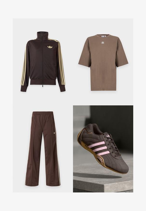 Mustast lukuga spordijakk kõrge kraega, helekollaste triipudega varruka all ja Adidas trefoil logo vasakul rinnal.; Pruun puuvillane T-särk lühikeste varrukatega, ümar kaelus ja valge Adidas'i logo keskpunktis rinnal, lihtne disain ja mugav lõige.; Pruunid sportpüksid laiade säärtega, valgete küljeribadega, elastse vöökohaga ja kahe küljetaskuga. Jalal on väike logo.; Pruunist nahast sportlik king, millel on roosa triip ja logo, tekstureeritud ülemine osa, paeltesulgur ning kummist tallad.