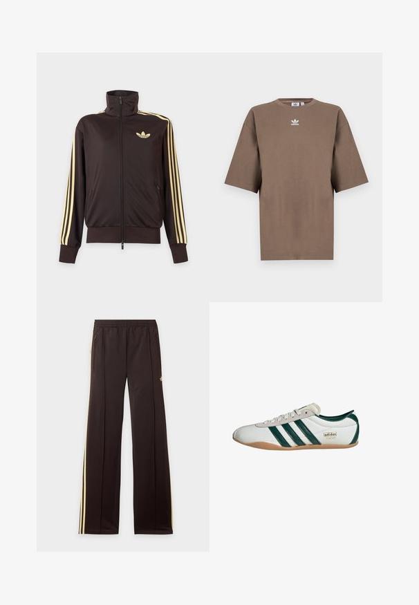 Schwarze Trainingsjacke mit Reißverschluss und hohem Kragen, hellgelben Streifen an den Ärmeln und Adidas Trefoil Logo auf der linken Brust.; Braunes Baumwoll-T-Shirt mit kurzen Ärmeln, Rundhals und weißem Adidas-Logo, das zentral auf der Brust platziert ist. Das Design ist schlicht und der Schnitt ist locker.; Schwarze Jogginghose mit gelben Seitenstreifen, elastischem Bund, seitlichen Reißverschlusstaschen und kleinem Logo am oberen Oberschenkel.; Weiße Sneaker mit grünen Streifen, Obermaterial aus Wildleder und Synthetik, Gummisohle, runde Zehenform und Detail mit dem "adidas TOKYO" Logo.
