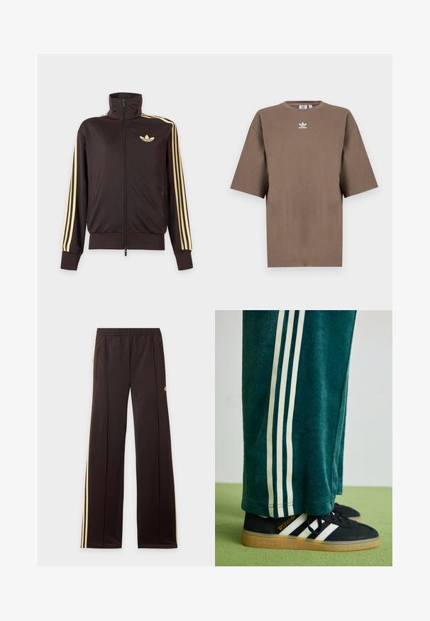 Chaqueta deportiva negra con cremallera y cuello alto, con rayas amarillas claras en las mangas y logo de Adidas trefoil en el pecho izquierdo.; Camiseta de algodón marrón con mangas cortas, cuello redondo y logo blanco de Adidas centrado en el pecho, con un diseño liso y un ajuste relajado.; Pantalones de chándal negros con rayas amarillas laterales, cintura elástica, bolsillos laterales con cremallera y un pequeño logo en el muslo superior.; Pantalones verdes texturizados con franjas laterales blancas, combinados con zapatillas Adidas negras que presentan tres franjas blancas y una suela de goma.