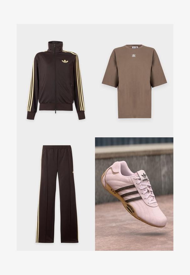 Čierna športová bunda na zips s vysokým golierom, svetložlté pruhy na rukávoch a logo Adidas trefoil na ľavej strane hrude.; Hnedé bavlnené tričko s krátkymi rukávmi, okrúhlym výstrihom a bielym logom Adidas umiestneným na hrudi, s jednoduchým dizajnom a voľným strihom.; Čierne tepláky so žltými bočnými pruhmi, elastickým pásom, bočnými vreckami na zips a malým logom na hornej časti stehna.; Ružové semišové športové topánky s gumovou podrážkou, s tromi tmavými pruhmi, šnúrkami a logom Adidas na jazyku. Zaoblený dizajn špičky.