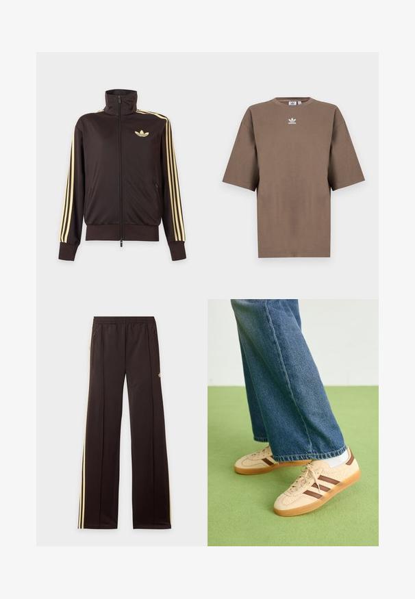 Sort lynlåstrøje med høj krave, lysegule striber ned ad ærmerne og Adidas trefoil-logo på venstre bryst.; Brun bomulds t-shirt med korte ærmer, rund hals og hvid Adidas-logo centreret på brystet, som har et enkelt design og en afslappet pasform.; Sorte træningsbukser med gule sidelister, elastisk taljebånd, lynlåslommer i siderne og en lille logo på den øvre lår.; Beige sneakers med teksturerede cremefarvede paneler og brune striber, parret med blå denim jeans. Jeansene har brede ben og en frynset kant.