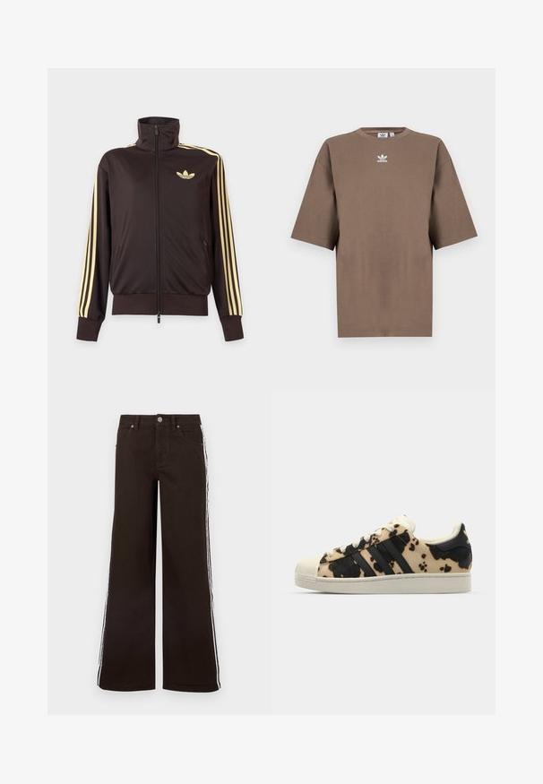 Sort lynlåstrøje med høj krave, lysegule striber ned ad ærmerne og Adidas trefoil-logo på venstre bryst.; Brun bomulds t-shirt med korte ærmer, rund hals og hvid Adidas-logo centreret på brystet, som har et enkelt design og en afslappet pasform.; Brune viddeben jeans lavet af denim med hvide sidelister, klassisk fem-lomme-design og lukning med metal-knap.; Sko med koshudsmønster i beige og sort, tre sorte striber, hvid gummitå, og struktureret sål. Har snørebånd og branding.