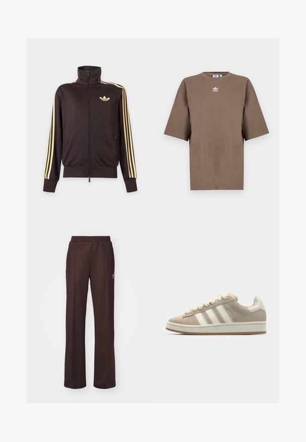 Schwarze Trainingsjacke mit Reißverschluss und hohem Kragen, hellgelben Streifen an den Ärmeln und Adidas Trefoil Logo auf der linken Brust.; Braunes Baumwoll-T-Shirt mit kurzen Ärmeln, Rundhals und weißem Adidas-Logo, das zentral auf der Brust platziert ist. Das Design ist schlicht und der Schnitt ist locker.; Braune Sporthose mit einem elastischen Bund, zwei Seitentaschen und einem kleinen Logo auf der linken Seite, gefertigt aus weichem Stoff.; Hellbeige Wildlederschuhe mit weißen Lederstreifen und -schnürsenkeln, Gummisohle, gepolstertem Kragen und strukturierten Details auf der Oberseite.