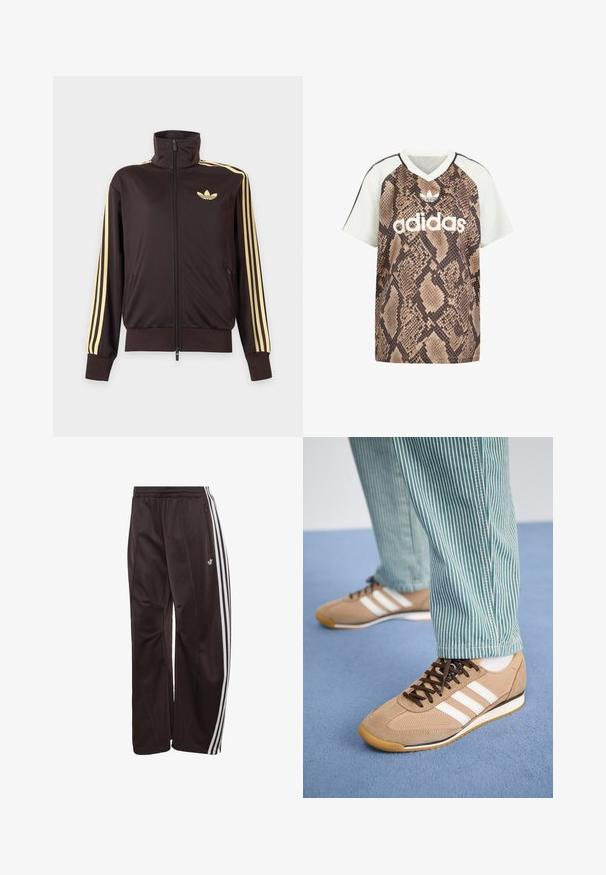 Čierna športová bunda na zips s vysokým golierom, svetložlté pruhy na rukávoch a logo Adidas trefoil na ľavej strane hrude.; Tričko Adidas s krátkym rukávom a strihom do V, s bielymi rukávmi a hnedým hadím vzorom na tele, s bielym logom Adidas a emblémom trefoil vpredu.; Čierne teplákové nohavice Adidas s bielymi tromi pruhmi po stranách, elastickým pásom, bočným vreckom na zips a logom Adidas na ľavej nohe.; Svetlé semišové a sieťovinové tenisky s hnedými šnúrkami a tromi bielymi pruhmi. V kombinácii so zelenými a bielymi pruhovanými nohavicami, položené na modrom povrchu.