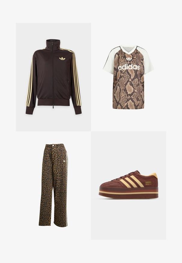 Sort lynlåstrøje med høj krave, lysegule striber ned ad ærmerne og Adidas trefoil-logo på venstre bryst.; Adidas kortærmet V-hals shirt med hvide ærmer og brun slangeprint krop, med hvid Adidas-logo og trefoil-emblem foran.; Leopardprint vide bukser i brun med sorte pletter, med høj talje og hvide sideløsninger, lavet af bomuldsstof.; Brune ruskinds sneaker med gule detaljer, der har tre laterale striber, en tyk platformssål og en guldslogo detalje.