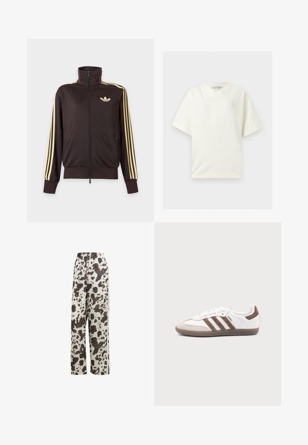 Schwarze Trainingsjacke mit Reißverschluss und hohem Kragen, hellgelben Streifen an den Ärmeln und Adidas Trefoil Logo auf der linken Brust.; Weißes Oversized-T-Shirt mit kurzen Ärmeln und V-Ausschnitt, flach liegend mit einem TOPSHOP-Etikett im Kragen.; adidas Originals COW PRINT SATIN WIDE LEG - Jogginghose - multicolor off white; Weißer Adidas Samba Sneaker mit braunen Wildlederstreifen, brauner Gummisohle und beiger Wildlederkappe, von der Außenseite auf schlichtem Hintergrund gezeigt.