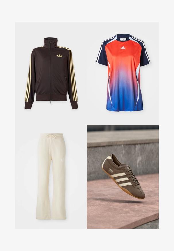 Schwarze Trainingsjacke mit Reißverschluss und hohem Kragen, hellgelben Streifen an den Ärmeln und Adidas Trefoil Logo auf der linken Brust.; Adidas Sportshirt mit kurzen Ärmeln in einem Farbverlauf von Rot zu Blau, mit marineblauen Akzenten und weißen Streifen an den Schultern.; Cremefarbene Jogginghose aus einem weichen Material, mit einem Kordelzugbund und ausgestellten Beinen. Subtiles Logo-Detail an der linken Hüfte.; Brauner Wildledersneaker mit weißen Streifen und Branding, ausgestattet mit einer abgerundeten Zehenpartie und einer Gummisohle, schwebt über einer strukturierten Oberfläche.