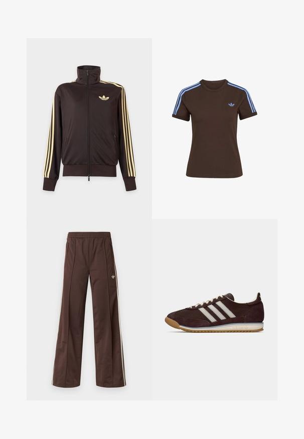 Veste de survêtement noire zippée avec col haut, bandes jaune clair le long des manches et logo adidas trefoil sur la poitrine gauche.; T-shirt marron à manches courtes avec trois bandes bleu clair sur les épaules et petit logo Adidas bleu clair sur la poitrine gauche.; Pantalon de sport marron à jambes larges, avec des bandes blanches sur les côtés, une taille élastique et deux poches latérales. Présente un petit logo sur la jambe.; Sneaker bas de profil en bordeaux sombre d'Adidas avec des rayures blanches, des lacets crème et une semelle en caoutchouc, vue de côté sur fond uni.