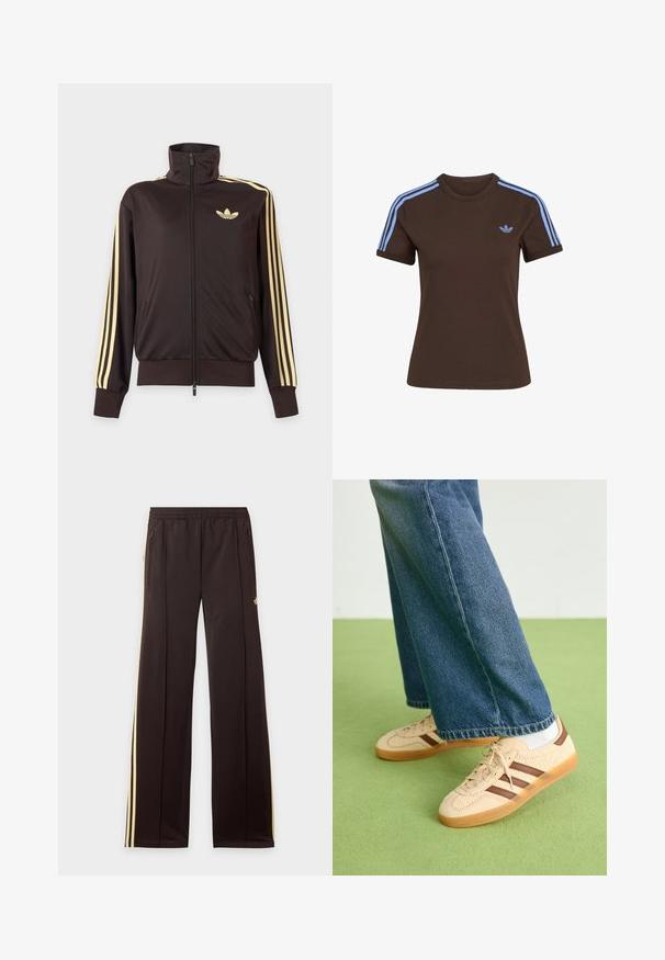 Zwarte joggingjas met rits en hoge kraag, lichtgele strepen op de mouwen en Adidas trefoil-logo op de linkerborst.; Bruin T-shirt met korte mouwen, lichtblauwe drie strepen op de schouders en klein lichtblauw Adidas-logo op de linkerborst.; Zwarte trainingsbroek met gele zijstrepen, elastische tailleband, ritszakken aan de zijkant en een klein logo op het bovenbeen.; Beige sneakers met gestructureerde crèmekleurige panelen en bruine strepen, gecombineerd met blauwe denim jeans. De jeans hebben een brede pijp en een rafelige zoom.