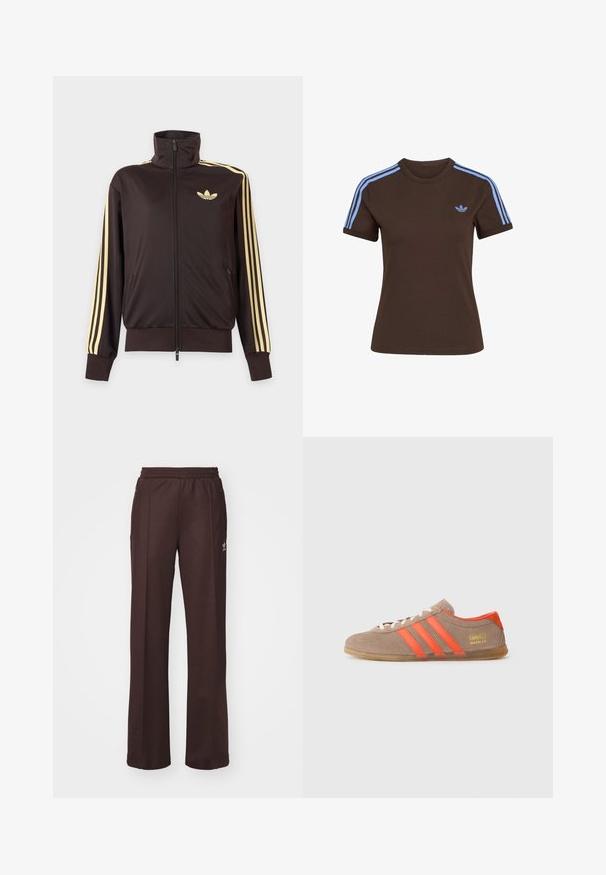 Chaqueta deportiva negra con cremallera y cuello alto, con rayas amarillas claras en las mangas y logo de Adidas trefoil en el pecho izquierdo.; Camiseta marrón de manga corta con tres rayas azul claro en los hombros y pequeño logo de Adidas azul claro en el pecho izquierdo.; Pantalones deportivos marrones con una cinturilla elástica, dos bolsillos laterales y un pequeño logo en el lado izquierdo, hechos de una tela suave.; Zapatillas de ante marrón con tres rayas naranjas brillantes, parte frontal con cordones y el logo dorado "Gazelle" en el lateral. Suela de goma plana.