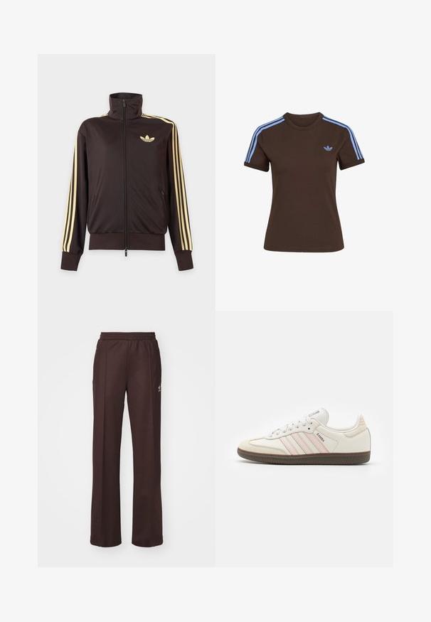 Chaqueta deportiva negra con cremallera y cuello alto, con rayas amarillas claras en las mangas y logo de Adidas trefoil en el pecho izquierdo.; Camiseta marrón de manga corta con tres rayas azul claro en los hombros y pequeño logo de Adidas azul claro en el pecho izquierdo.; Pantalones deportivos marrones con una cinturilla elástica, dos bolsillos laterales y un pequeño logo en el lado izquierdo, hechos de una tela suave.; Zapatillas deportivas de cuero blanco con rayas de acento rosa, suela de goma marrón y puntera de ante. Presentan cordones y etiqueta de la marca en la lengüeta.
