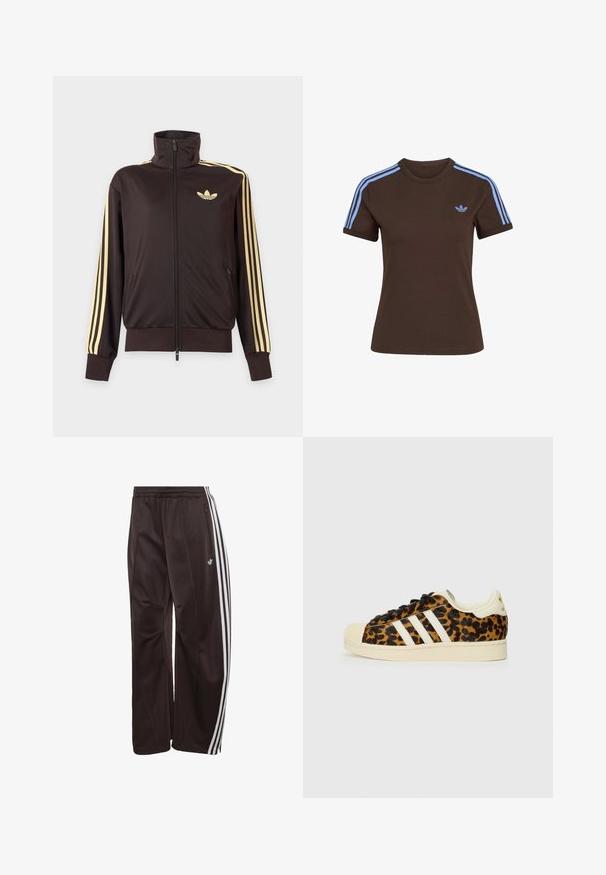Schwarze Trainingsjacke mit Reißverschluss und hohem Kragen, hellgelben Streifen an den Ärmeln und Adidas Trefoil Logo auf der linken Brust.; Braunes Kurzarm-T-Shirt mit hellblauen drei Streifen auf den Schultern und kleinem hellblauem Adidas-Logo auf der linken Brust.; Schwarze Adidas Trainingshose mit weißen drei Streifen an den Seiten, elastischem Bund, seitlicher Reißverschlusstasche und Adidas-Logo am linken Bein.; Leopardenmuster-Sneaker mit schwarzen Schnürsenkeln, weißem Drei-Streifen-Design, cremefarbenem Gummispitze und -sohle sowie strukturiertem Obermaterial.