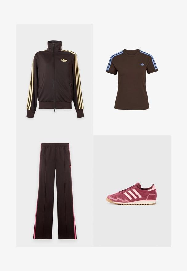 Sort lynlåstrøje med høj krave, lysegule striber ned ad ærmerne og Adidas trefoil-logo på venstre bryst.; Brun T-shirt med korte ærmer med lyseblå tre striber på skuldrene og lille lyseblåt Adidas-logo på venstre bryst.; Sorte atletikbukser med lyserøde sidelister, elastisk talje, lynlåslommer og Adidas-logo på venstre lår.; Vinrøde og lyserøde ruskinds-sneakers med tre lyserøde striber, tekstureret overflade og en sål af gummigummi. Har detaljeret syning som accenter.