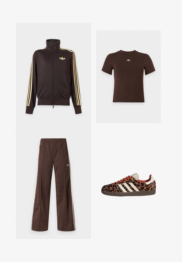 Mustast lukuga spordijakk kõrge kraega, helekollaste triipudega varruka all ja Adidas trefoil logo vasakul rinnal.; Pruun lühikeste varrukatega keha järgnev t-särk, millel on väike valge Adidas logo kaeluse all keskel.; Pruunid sportpüksid laiade säärtega, valgete küljeribadega, elastse vöökohaga ja kahe küljetaskuga. Jalal on väike logo.; Leopardi mustriga tossud, valmistatud nubukmaterjalist, punased paelad ja kolm valget triipu külgedel. Omab kreemjat keelt ja pruunist põhja.