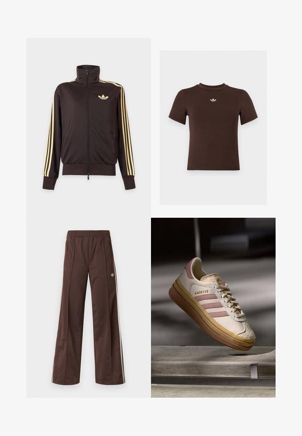 Zwarte joggingjas met rits en hoge kraag, lichtgele strepen op de mouwen en Adidas trefoil-logo op de linkerborst.; Bruine aansluitende T-shirt met korte mouwen en een klein wit Adidas-logo het midden onder de halslijn.; Bruine sportbroek met een wijd uitlopende pijp, witte zijstrepen, een elastische tailleband en twee zijzakken. Heeft een klein logo op het been.; Witte suède sneakers met roze accenten, voorzien van drie strepen en een gouden logo. Textuur in de neuskap en een bruine rubberen zool. Klassiek ontwerp.