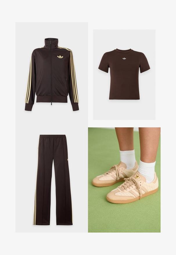 Sort lynlåstrøje med høj krave, lysegule striber ned ad ærmerne og Adidas trefoil-logo på venstre bryst.; Brun tætsiddende t-shirt med korte ærmer og et lille hvidt Adidas-logo centreret under halsudskæringen.; Sorte træningsbukser med gule sidelister, elastisk taljebånd, lynlåslommer i siderne og en lille logo på den øvre lår.; Fødder iført beige vævede Adidas sneakers med gummisåler og hvide ankelsokker på en grøn struktureret gulv.