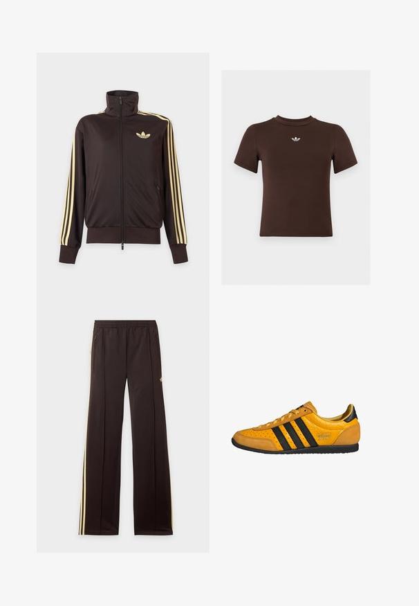 Mustast lukuga spordijakk kõrge kraega, helekollaste triipudega varruka all ja Adidas trefoil logo vasakul rinnal.; Pruun lühikeste varrukatega keha järgnev t-särk, millel on väike valge Adidas logo kaeluse all keskel.; Mustad dressipüksid kollaste küljeribadega, elastse vöökohaga, küljetaskud lukuga ja väike logo reie ülaosas.; Kollased nahast tossud mustade triipudega, paeltega, augulise varbaga ja tekstuurse kandepaneeliga, millel kiri "adidas Japan". Kummist välistald.