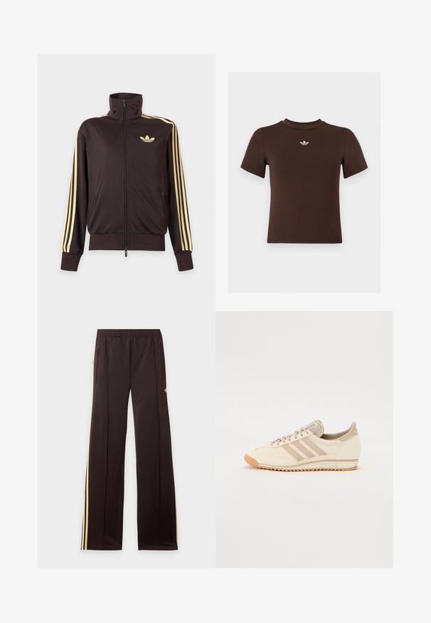 Čierna športová bunda na zips s vysokým golierom, svetložlté pruhy na rukávoch a logo Adidas trefoil na ľavej strane hrude.; Hnedé priliehavé tričko s krátkym rukávom a malým bielym logom Adidas umiestneným v strede pod výstrihom.; Čierne tepláky so žltými bočnými pruhmi, elastickým pásom, bočnými vreckami na zips a malým logom na hornej časti stehna.; Svetlo béžová športová obuv s vrchným materiálom z sieťoviny, tromi pruhmi a textúrovanou gumovou podrážkou. Vyznačuje sa zaoblenou špičkou a minimalistickým dizajnom.