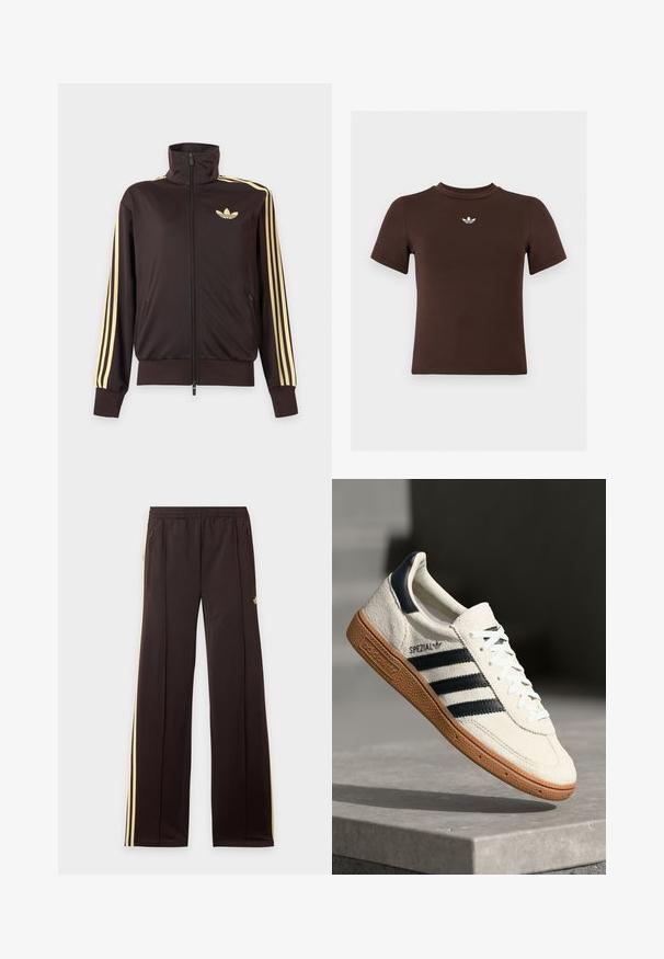 Juoda sportinė striukė su užtrauktuku, aukštu apykakliu, šviesiai geltonomis juostelėmis ant rankovių ir Adidas trefoil logotipu kairėje krūtinėje.; Ruda, formą apglėbianti trumpomis rankovėmis marškinėlių su mažu baltu Adidas logotipu, centrinėje vietoje po apykakle.; Juodos sportinės kelnės su geltonomis šoninėmis juostelėmis, elastiniu liemeniu, šoninėmis kišenėmis su užtrauktuku ir mažu logotipu viršutinėje šlaunies dalyje.; Baltos odinės sportinės bateliai su tamsiai mėlynomis juostelėmis, guminis padas, tekstūruotas viršus, apvalus nosis ir šnervės; turi prekės ženklą šone ir ant liežuvėlio.
