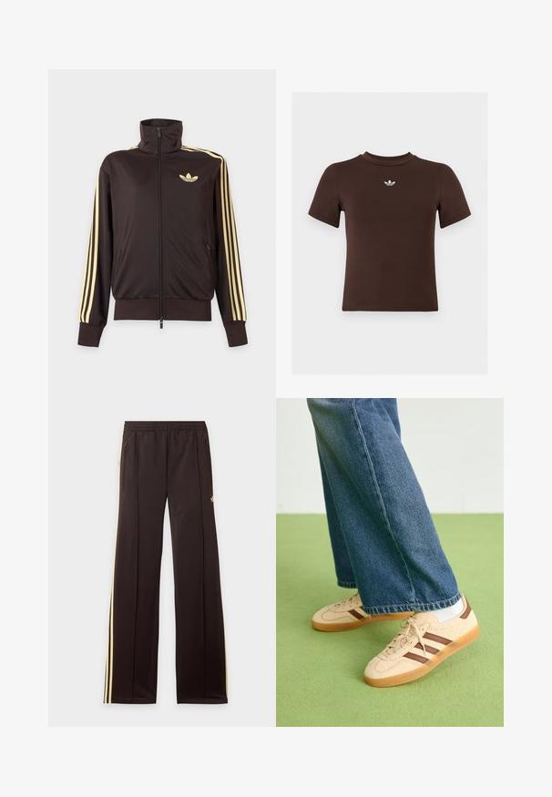 Zwarte joggingjas met rits en hoge kraag, lichtgele strepen op de mouwen en Adidas trefoil-logo op de linkerborst.; Bruine aansluitende T-shirt met korte mouwen en een klein wit Adidas-logo het midden onder de halslijn.; Zwarte trainingsbroek met gele zijstrepen, elastische tailleband, ritszakken aan de zijkant en een klein logo op het bovenbeen.; Beige sneakers met gestructureerde crèmekleurige panelen en bruine strepen, gecombineerd met blauwe denim jeans. De jeans hebben een brede pijp en een rafelige zoom.