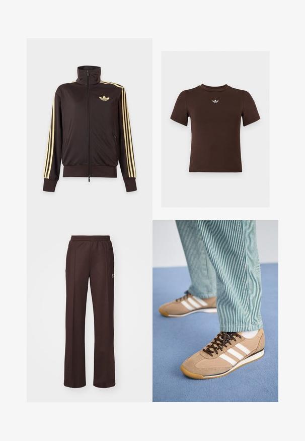 Chaqueta deportiva negra con cremallera y cuello alto, con rayas amarillas claras en las mangas y logo de Adidas trefoil en el pecho izquierdo.; Camiseta marrón ajustada de manga corta con un pequeño logo blanco de Adidas centrado debajo del escote.; Pantalones deportivos marrones con una cinturilla elástica, dos bolsillos laterales y un pequeño logo en el lado izquierdo, hechos de una tela suave.; Zapatillas de ante y malla color arena con cordones marrones y tres rayas blancas. Combinadas con pantalones a rayas verdes y blancas, descansando sobre una superficie azul.
