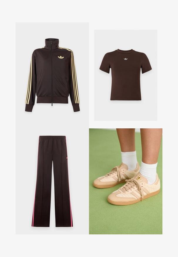Čierna športová bunda na zips s vysokým golierom, svetložlté pruhy na rukávoch a logo Adidas trefoil na ľavej strane hrude.; Hnedé priliehavé tričko s krátkym rukávom a malým bielym logom Adidas umiestneným v strede pod výstrihom.; Čierne športové nohavice s ružovými bočnými pruhmi, elastickým pásom, vreckami so zipsom a logom Adidas na ľavom stehne.; Nohy v béžových tkaných teniskách Adidas s gumovými podrážkami a bielymi členkovými ponožkami na zeleno textúrovanom podlahe.
