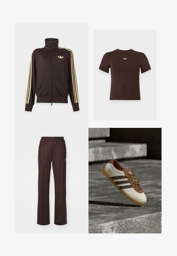Veste de survêtement noire zippée avec col haut, bandes jaune clair le long des manches et logo adidas trefoil sur la poitrine gauche.; T-shirt marron ajusté à manches courtes avec un petit logo blanc Adidas centré sous l'encolure.; Pantalons de sport marron avec une taille élastique, deux poches latérales et un petit logo sur le côté gauche, fabriqués à partir d'un tissu doux.; Baskets Adidas Gazelle blanches et marron avec semelle gomme flottant au-dessus de marches en pierre et du sol dans un environnement extérieur.