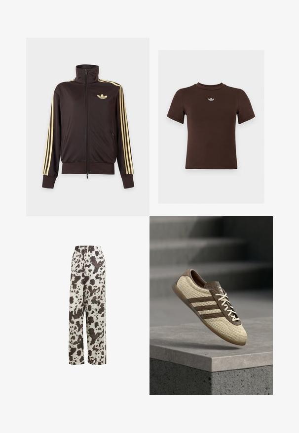 Schwarze Trainingsjacke mit Reißverschluss und hohem Kragen, hellgelben Streifen an den Ärmeln und Adidas Trefoil Logo auf der linken Brust.; Braunes, figurbetontes T-Shirt mit kurzen Ärmeln und kleinem weißem Adidas-Logo zentriert unterhalb des Halsausschnitts.; adidas Originals COW PRINT SATIN WIDE LEG - Jogginghose - multicolor off white; Beiger und brauner gewebter Sneaker mit drei Streifen und weißen Schnürsenkeln, schwebend über einem Betonabbruch mit Treppen im Hintergrund.