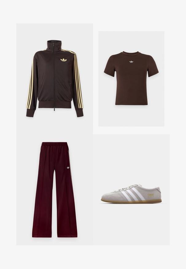 Schwarze Trainingsjacke mit Reißverschluss und hohem Kragen, hellgelben Streifen an den Ärmeln und Adidas Trefoil Logo auf der linken Brust.; Braunes, figurbetontes T-Shirt mit kurzen Ärmeln und kleinem weißem Adidas-Logo zentriert unterhalb des Halsausschnitts.; Bordeauxfarbene Sportpants mit lockerer Passform, aus glattem Material, mit zwei seitlichen Taschen und weißen Kontraststreifen an den Seiten.; Graue Wildleder-Sneaker mit weißen Lederstreifen und goldenen Logodetails. Flache Gummisohle, abgerundete Zehenpartie und klassisches Schnürverschlussdesign.