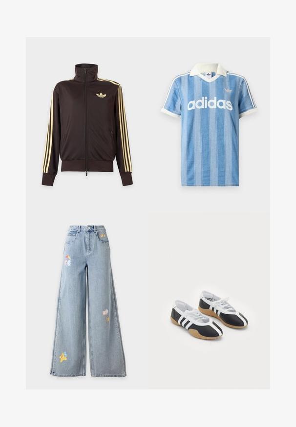 Jachetă sport neagră cu fermoar și guler înalt, dungi galbene deschise pe mâneci și logo Adidas trefoil pe pieptul stâng.; Tricou polo cu mânecă scurtă albastru deschis, cu dungi verticale, accente albe și logo alb "adidas" proeminent pe partea din față.; Blugi largi, cu albastru deschis, cu patch-uri Care Bears, inclusiv stele, baloane în formă de inimă și personaje care țin o umbrelă.; Încălțăminte sportivă alb-negru cu un design elegant, talpă din cauciuc, închidere cu sireturi și trei dungi albe pe laterale.